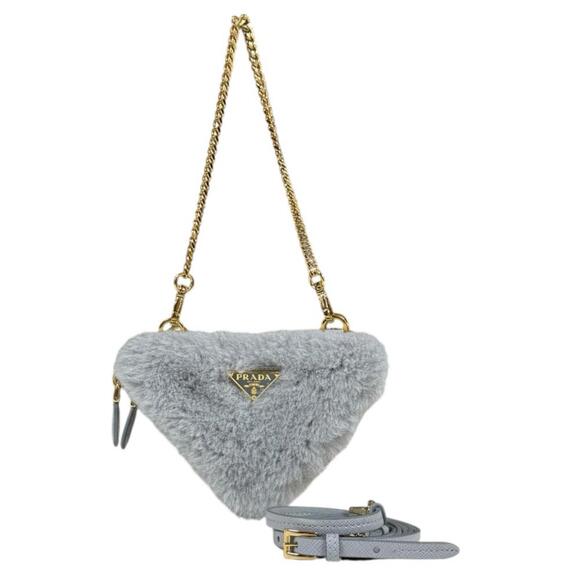PRADA Handbags - Prada Triangle W Mini Pouch Saffiano Shoulder Bag Leather 1NR015 Gray Women's...